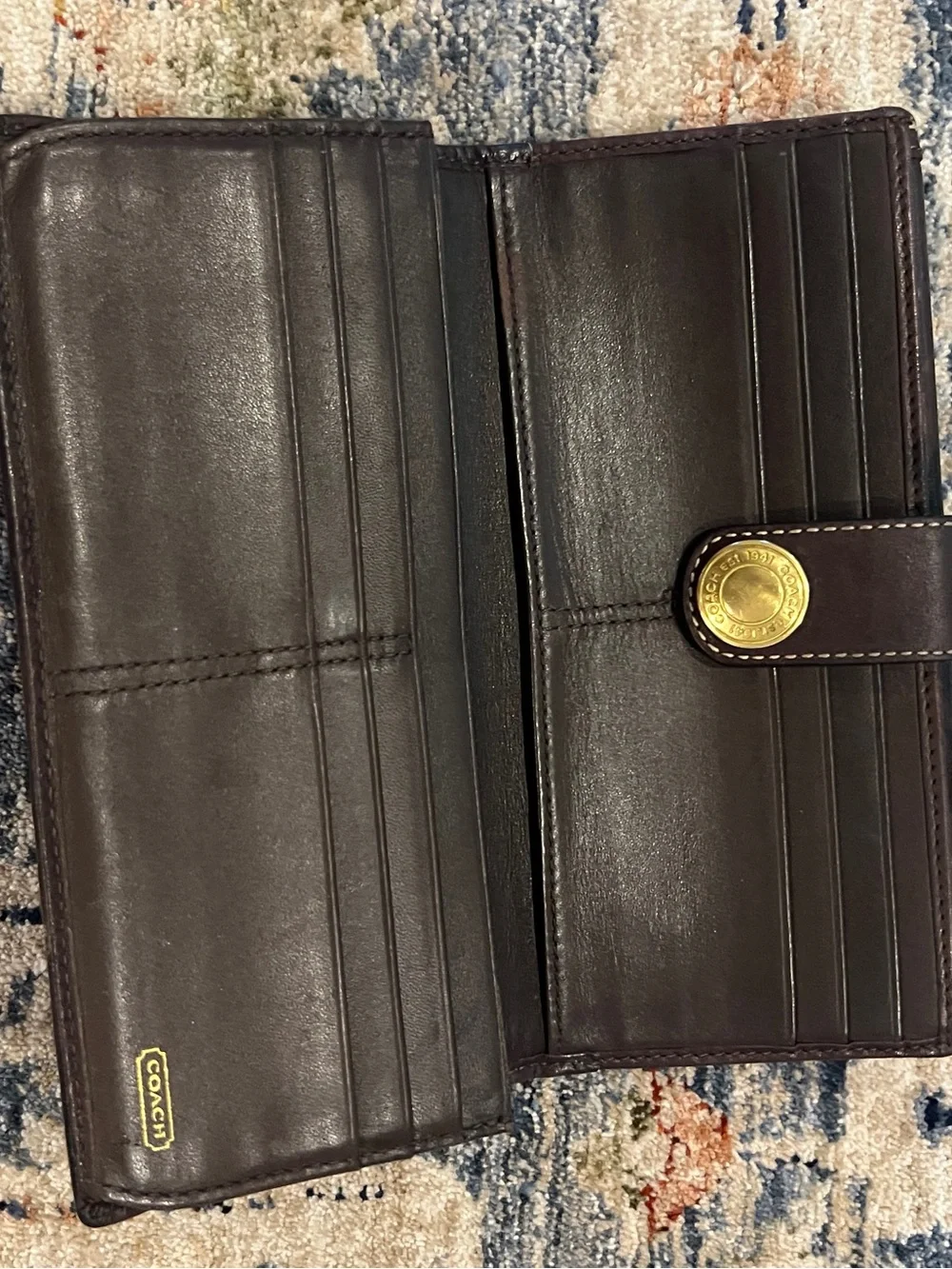 Coach Brown Leather and Signature Canvas Wallet with Gold-Tone Snap